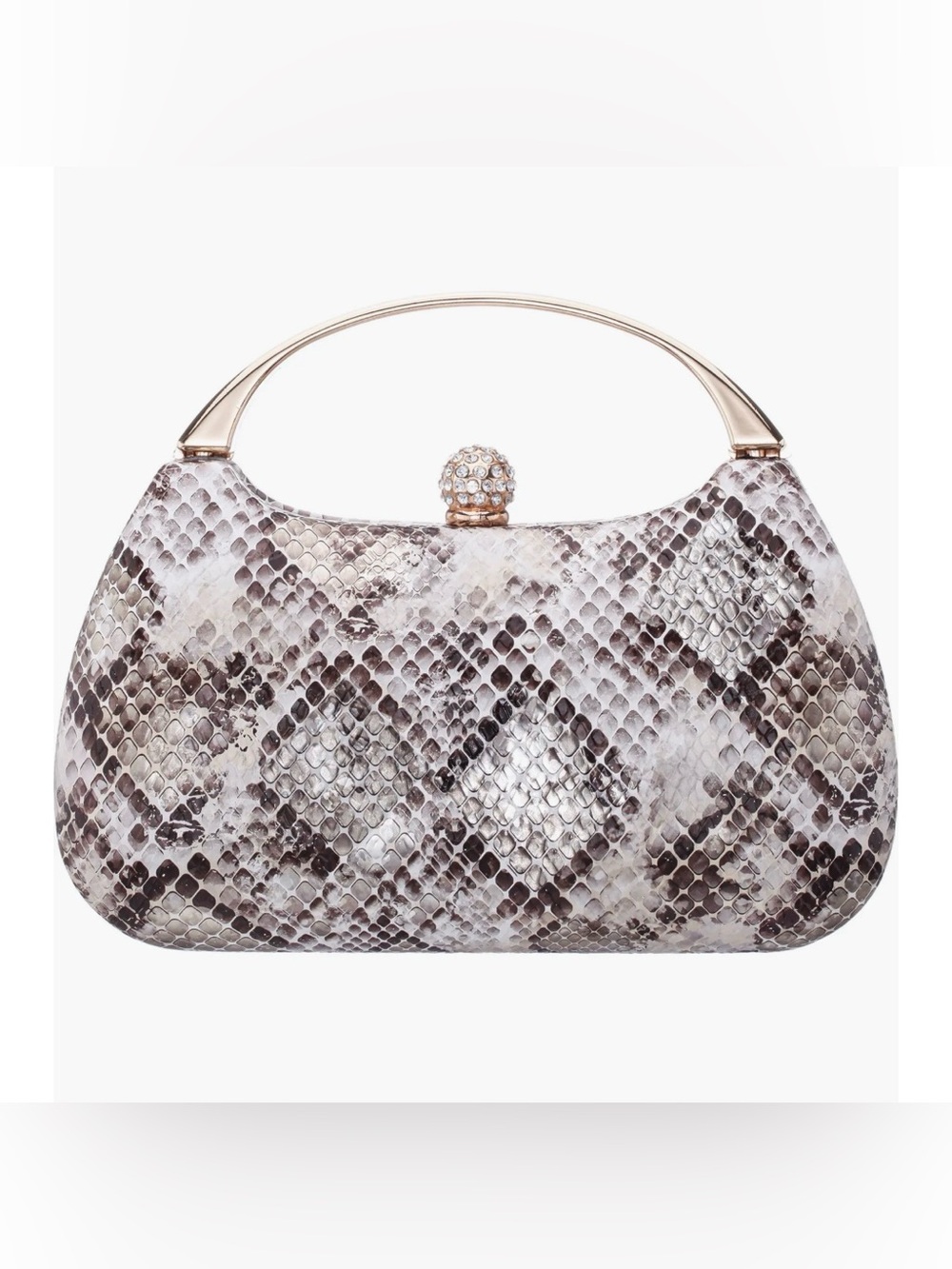 Nina Python-Effect Evening Clutch in Taupe and Cream with Crystal Kiss Lock